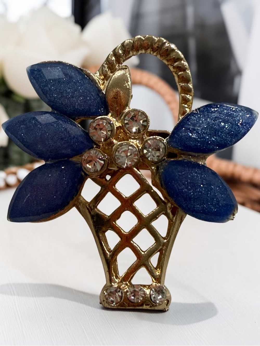 Gold Basket Brooch with Blue Leaf Accents